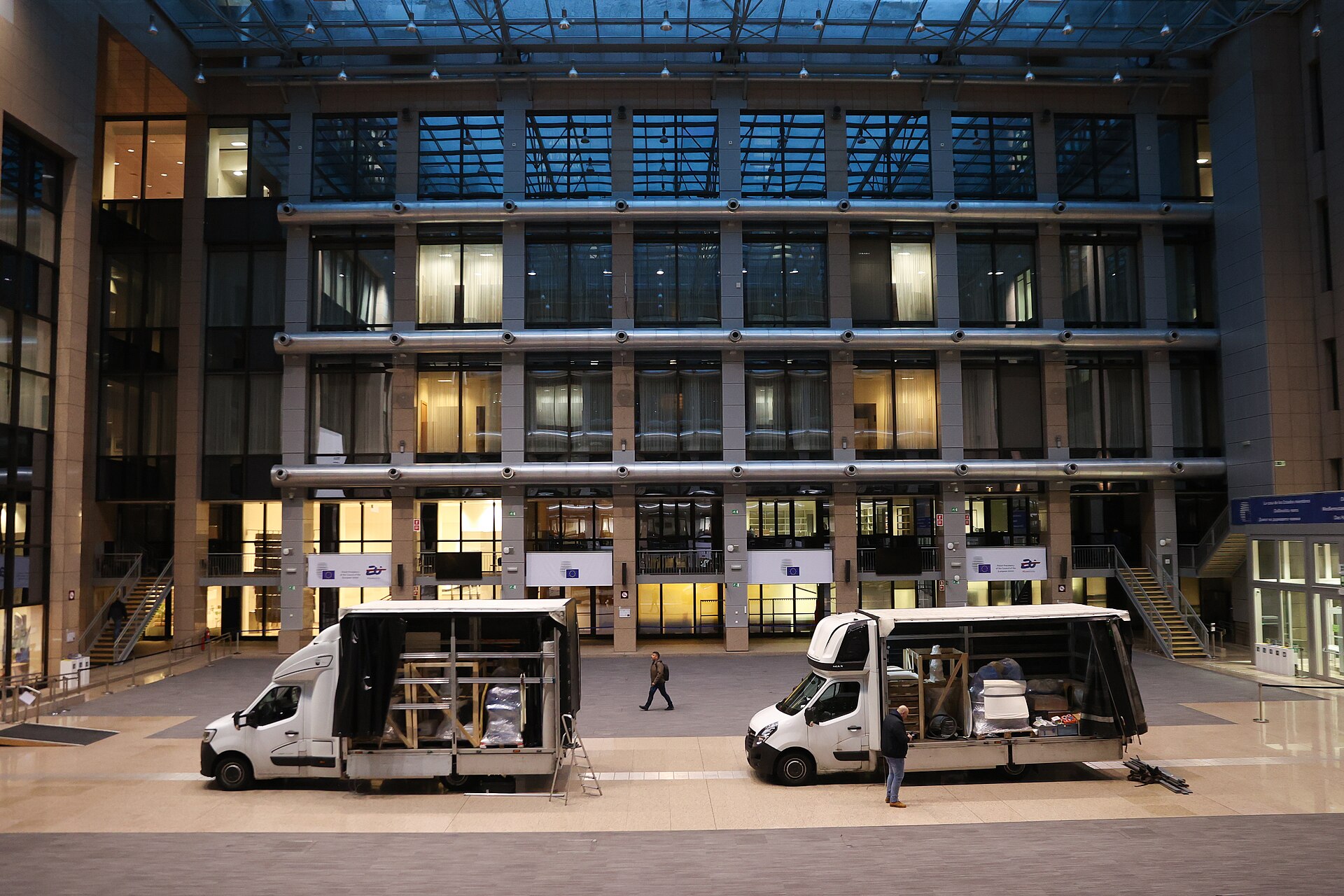 The Europa Building atrium in Brussels, the European Council headquarters that convenes on October 15-16 — eight days before the scheduled Riyadh summit requiring all 27 EU leaders to board aircraft for a conflict zone