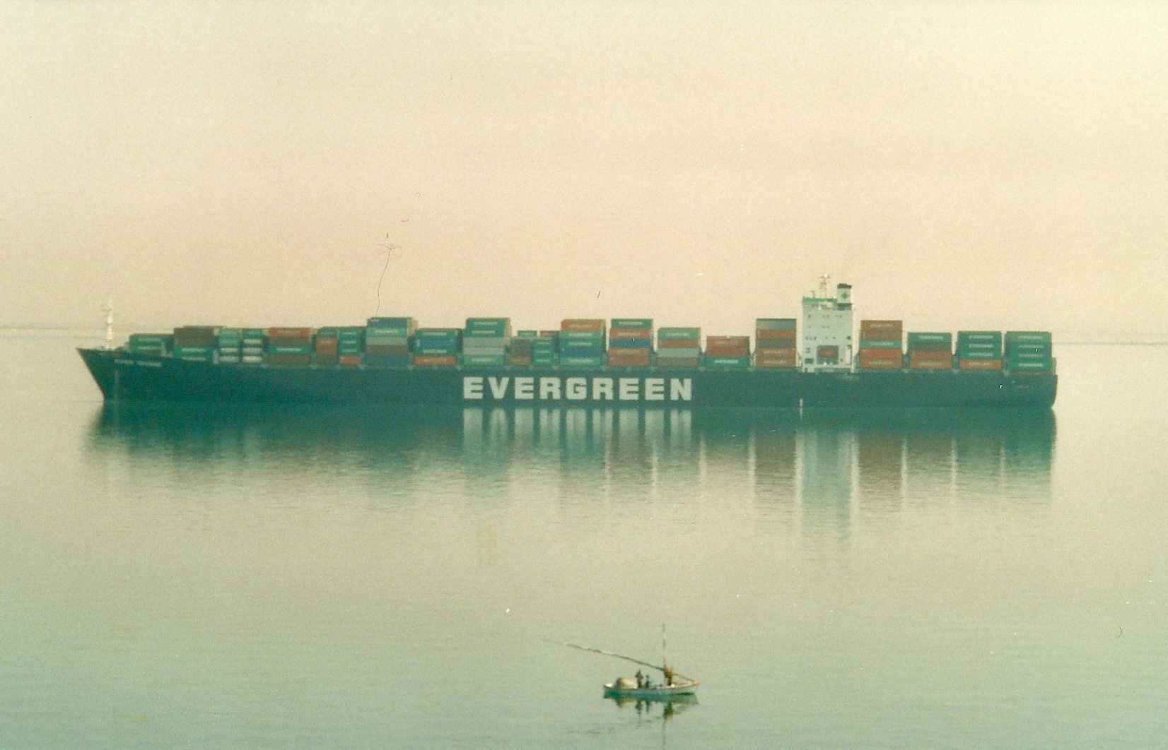 Evergreen container ship transiting the Suez Canal — Egypt has lost an estimated $11 billion in Suez Canal revenue since 2023 due to Houthi attacks on Red Sea shipping