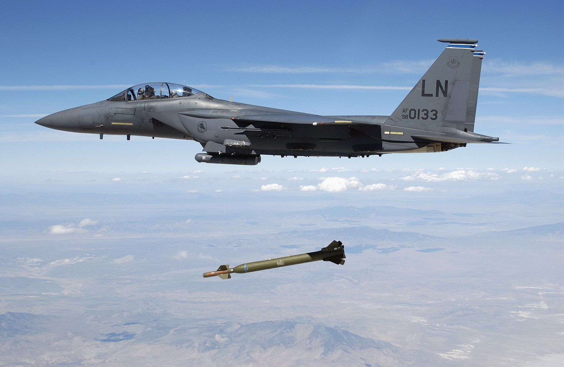 USAF F-15E Strike Eagle releases GBU-28 precision-guided bunker-buster bomb during a strike mission