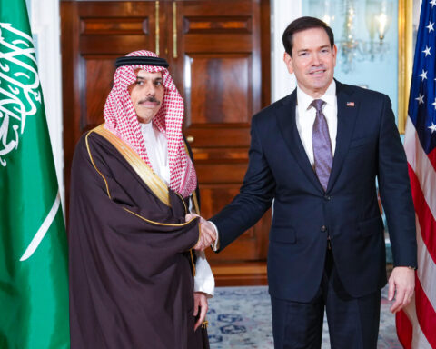 Saudi Foreign Minister Prince Faisal bin Farhan shakes hands with US Secretary of State Marco Rubio at the State Department, Washington DC, September 28, 2026