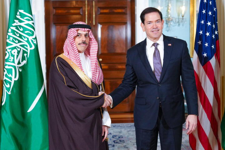 Saudi Foreign Minister Prince Faisal bin Farhan shakes hands with US Secretary of State Marco Rubio at the State Department, Washington DC, September 28, 2026