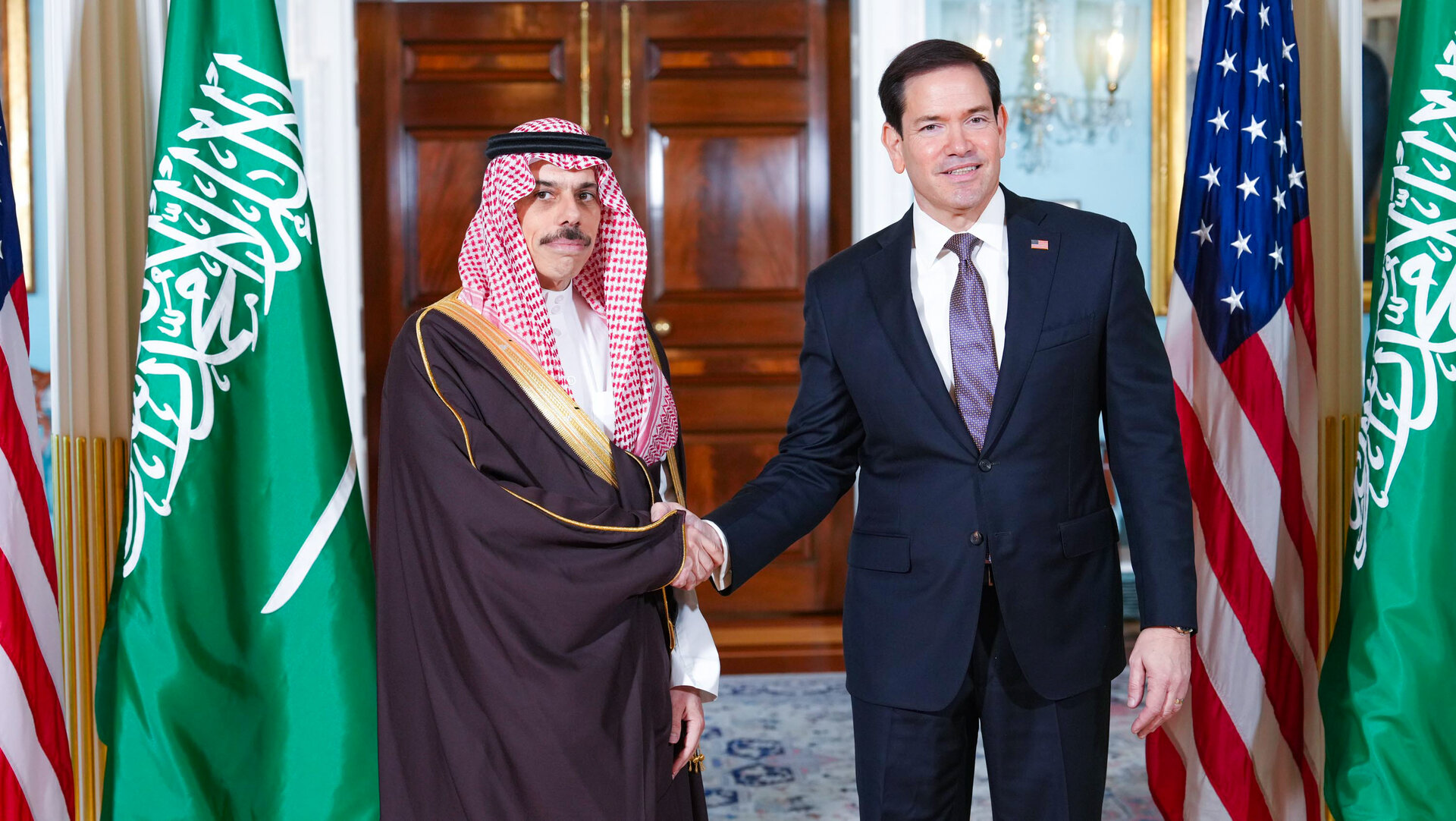 Saudi Foreign Minister Prince Faisal bin Farhan shakes hands with US Secretary of State Marco Rubio at the State Department, Washington DC, September 28, 2026