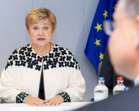 Kristalina Georgieva, IMF Managing Director, at a bilateral meeting — the official who warned Bangkok that Saudi Arabias war carries spillovers for everybody everywhere