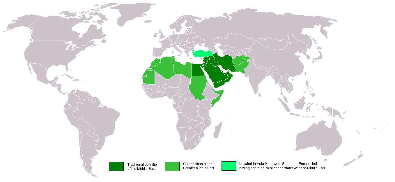 Map of the Greater Middle East showing Turkey in the north and the traditional Middle East region including Saudi Arabia and Iran — the three Makkah pact powers span this geography