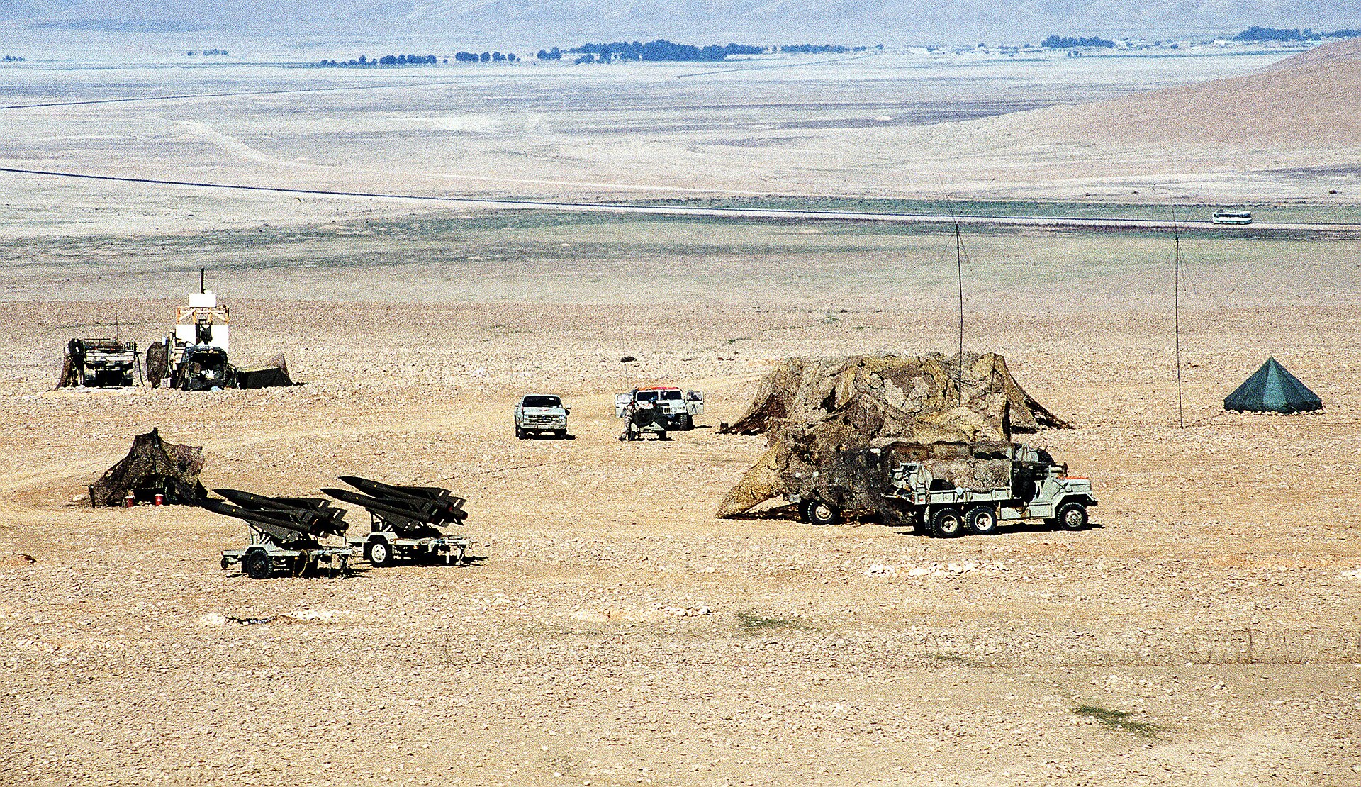 US MIM-23 Hawk surface-to-air missile battery deployed in desert during Operation Desert Storm, near Al-Salman