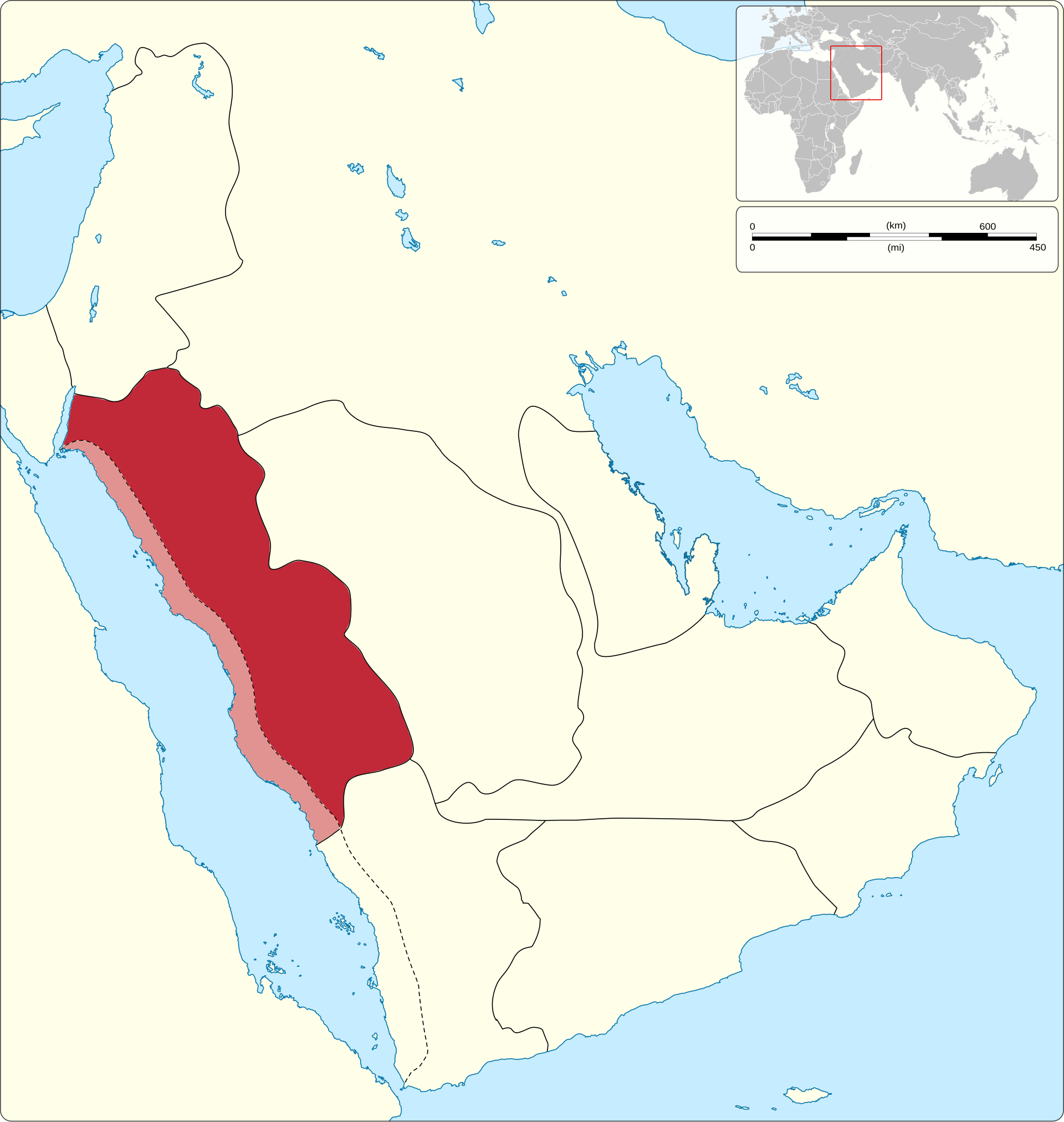 Map showing the Hijaz region (red) on Saudi Arabia's western coast — Makkah lies within the Hijaz, approximately 1,000 km north of Houthi-controlled territory in Yemen