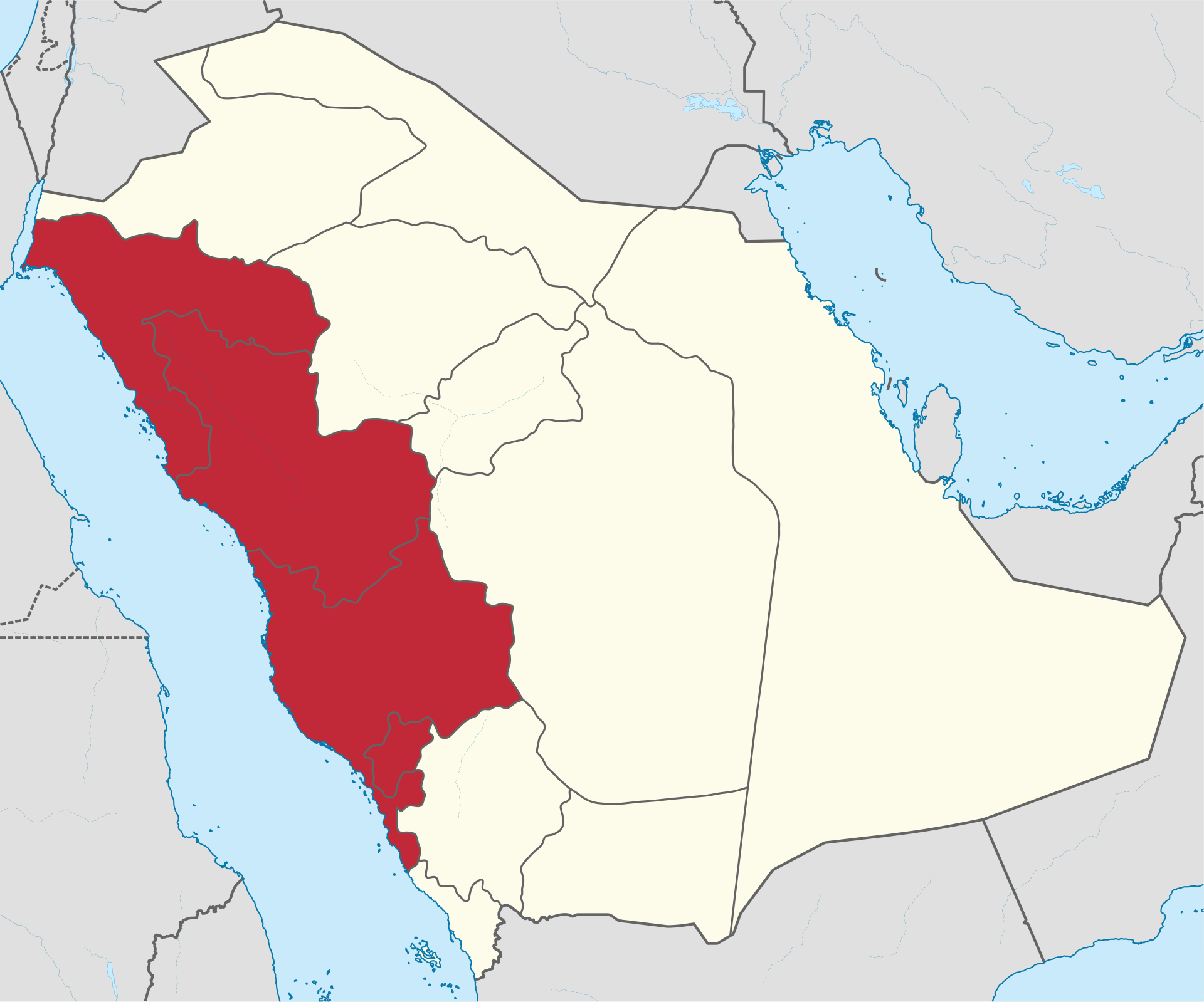 Map showing the Hijaz region (highlighted) in western Saudi Arabia — the area encompasses Makkah, Jeddah, Taif, and Rabigh, all sites where debris from intercepted Houthi missiles fell on October 24