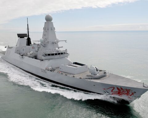 HMS Dragon (D35), Royal Navy Type 45 air-defence destroyer, underway at sea — the ship at the centre of Britain's Hormuz naval presence until its return to Portsmouth in October 2026