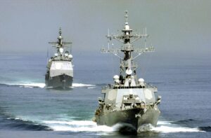 USS Chosin and USS Fitzgerald transit the Strait of Hormuz in formation, entering the Arabian Gulf, April 2003