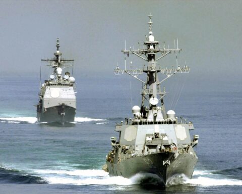 USS Chosin and USS Fitzgerald transit the Strait of Hormuz in formation, entering the Arabian Gulf, April 2003