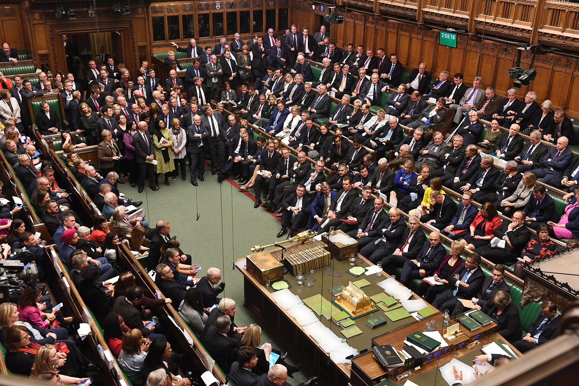 UK House of Commons chamber packed with MPs during a key parliamentary debate, October 2019 — the chamber that was not recalled for the RAF Typhoon deployment to Saudi Arabia in 2026