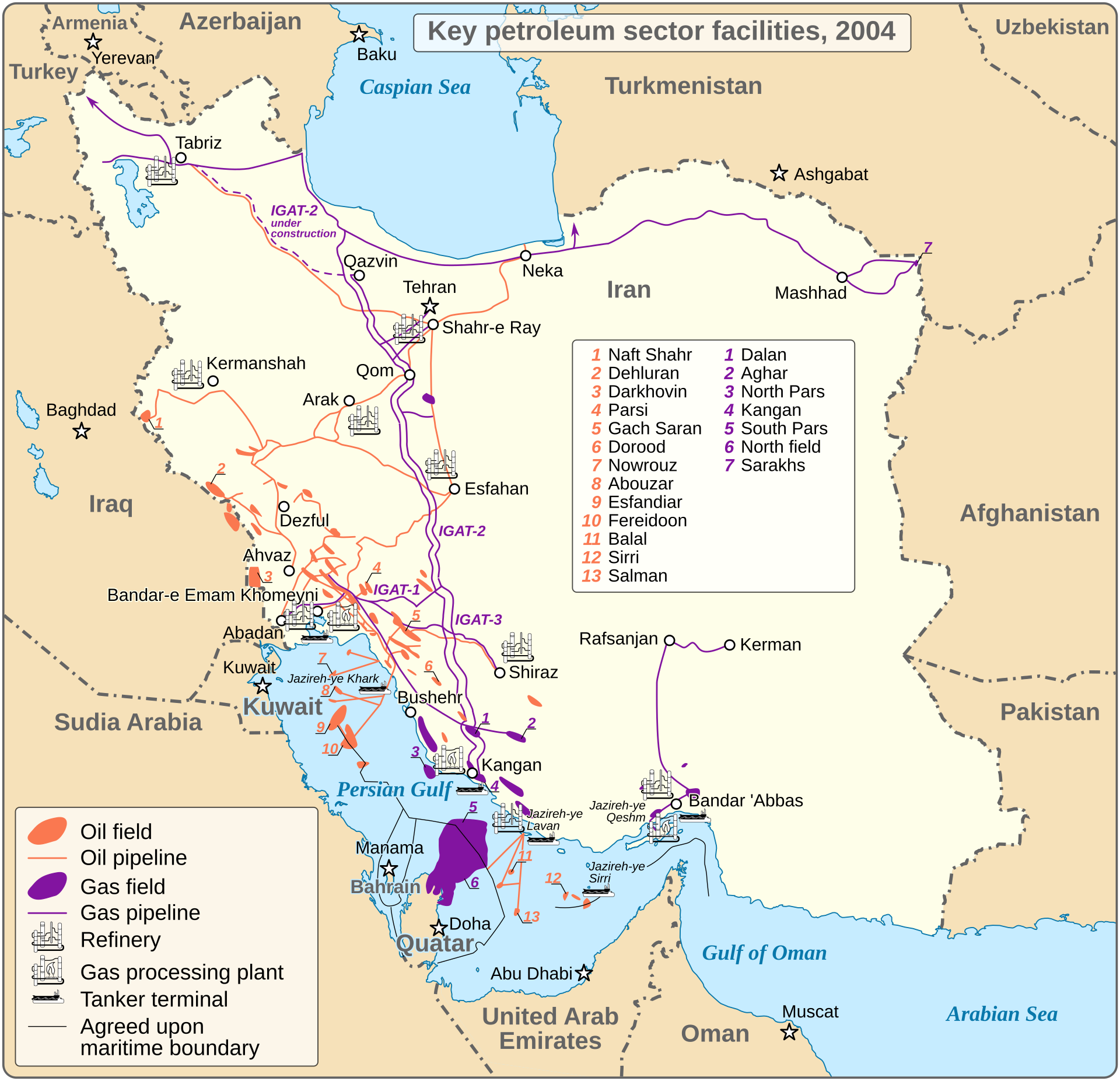 Map of Iran key petroleum sector facilities showing South Pars gas field (no. 5) and Qatar North Field (no. 6) in the Persian Gulf, with agreed maritime boundary