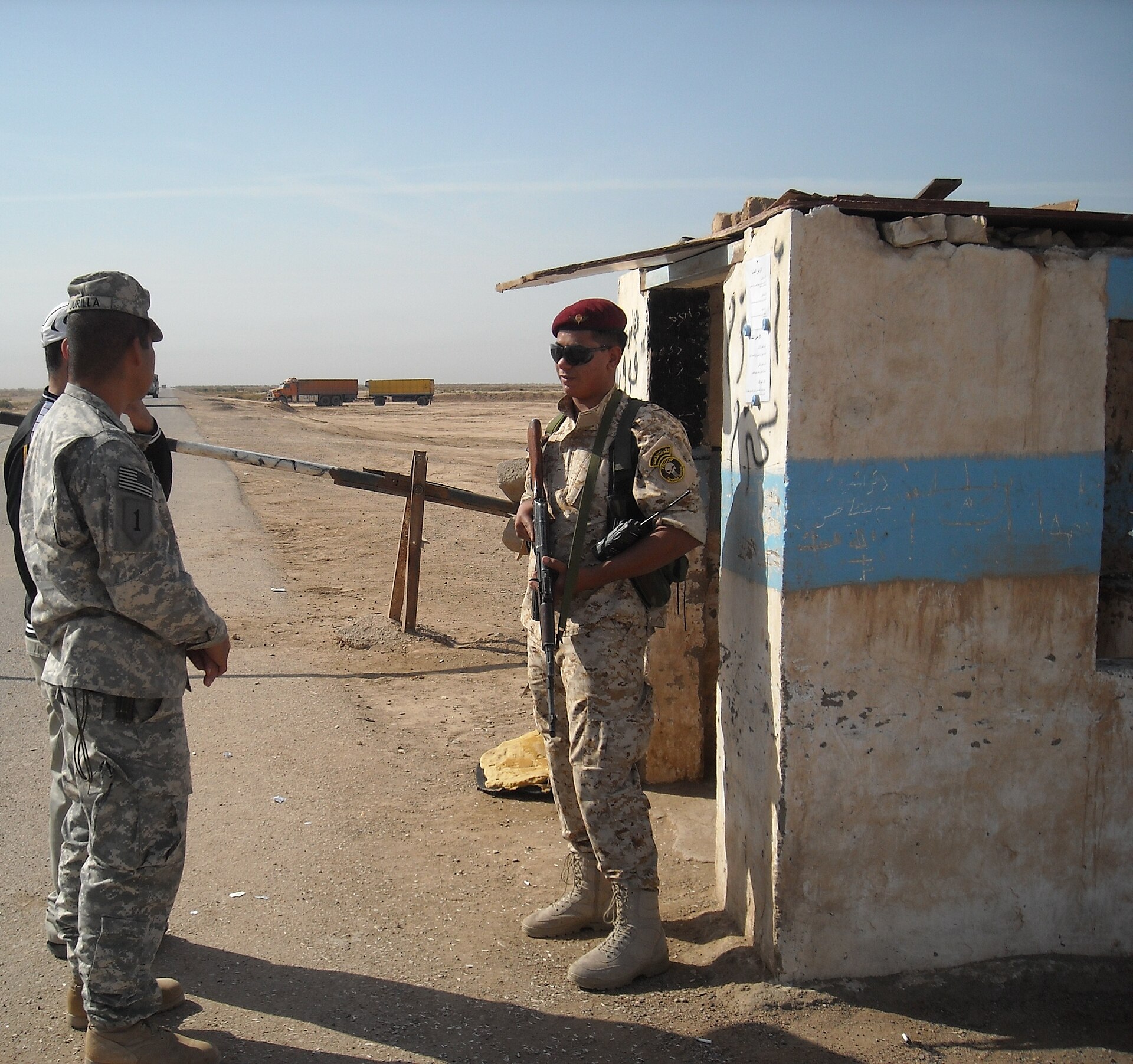 Iraqi border security forces at a desert checkpoint on the Iraq-Iran frontier