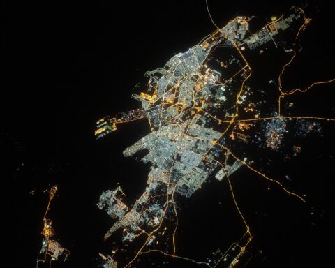 Dammam, Eastern Province of Saudi Arabia, photographed at night from the International Space Station during Expedition 62 — the city adjacent to the Aramco headquarters compound in Dhahran