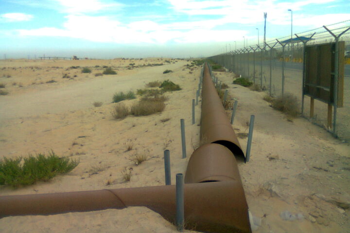 Oil pipelines running through the Saudi desert near Jubail in the Eastern Province, the starting point of Saudi Arabia's crude oil export network