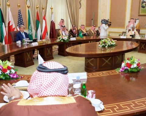 US Secretary of State John Kerry sits with Gulf Cooperation Council foreign ministers at a formal council meeting in Riyadh, Saudi Arabia, February 2015