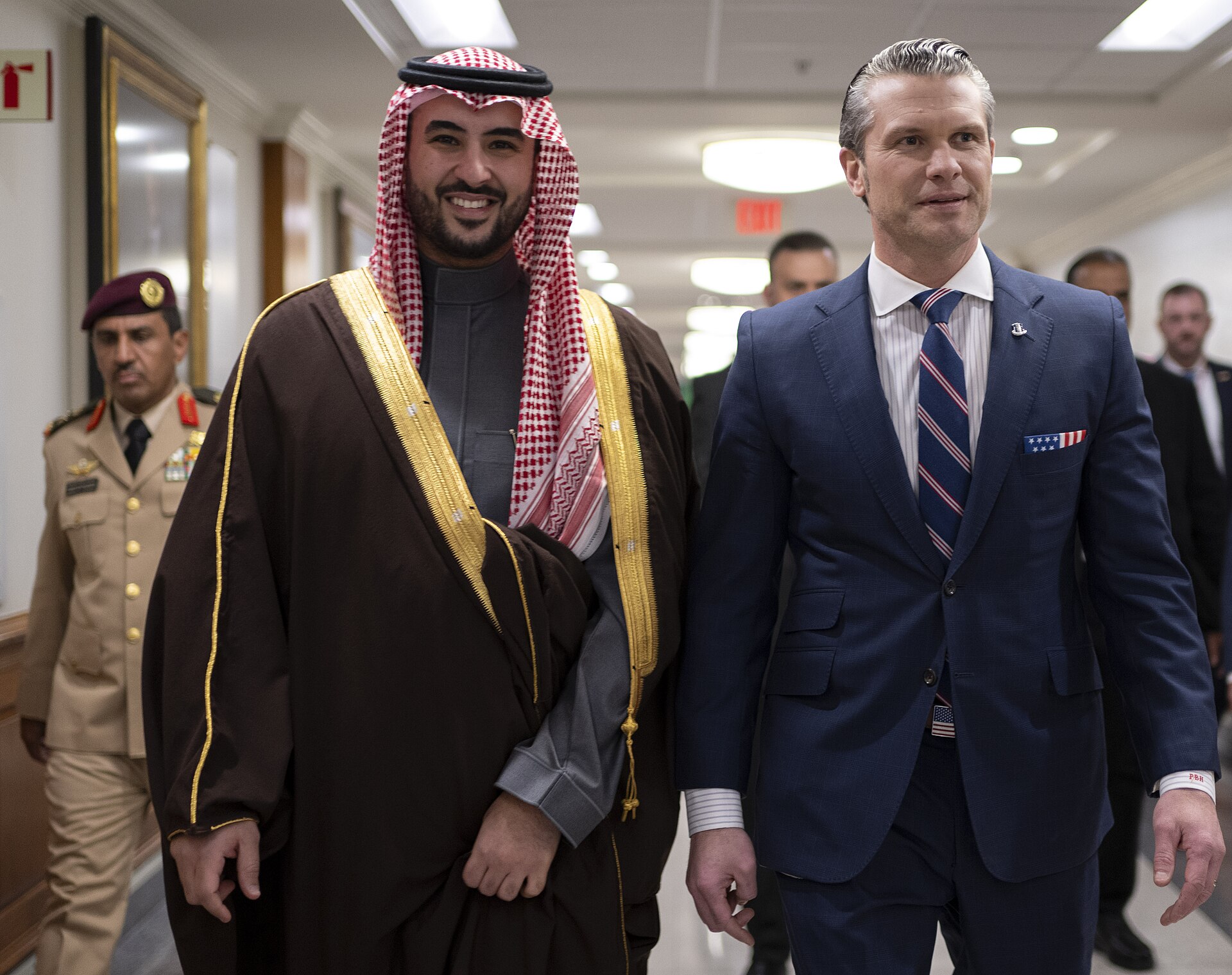 Saudi Arabia Minister of Defense Prince Khalid bin Salman walks with US Secretary of Defense Pete Hegseth at the Pentagon, February 2025