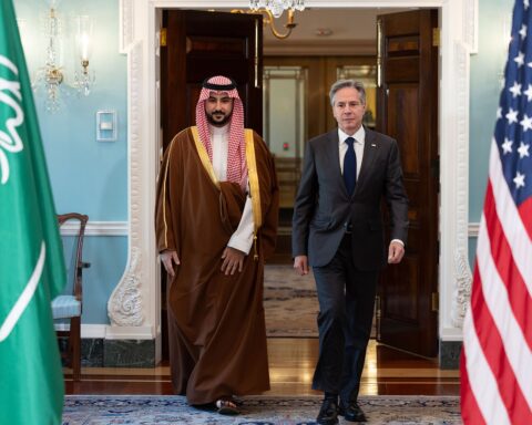 Prince Khalid bin Salman, Saudi Arabia Minister of Defense, meets US Secretary of State Antony Blinken at the State Department, November 2023