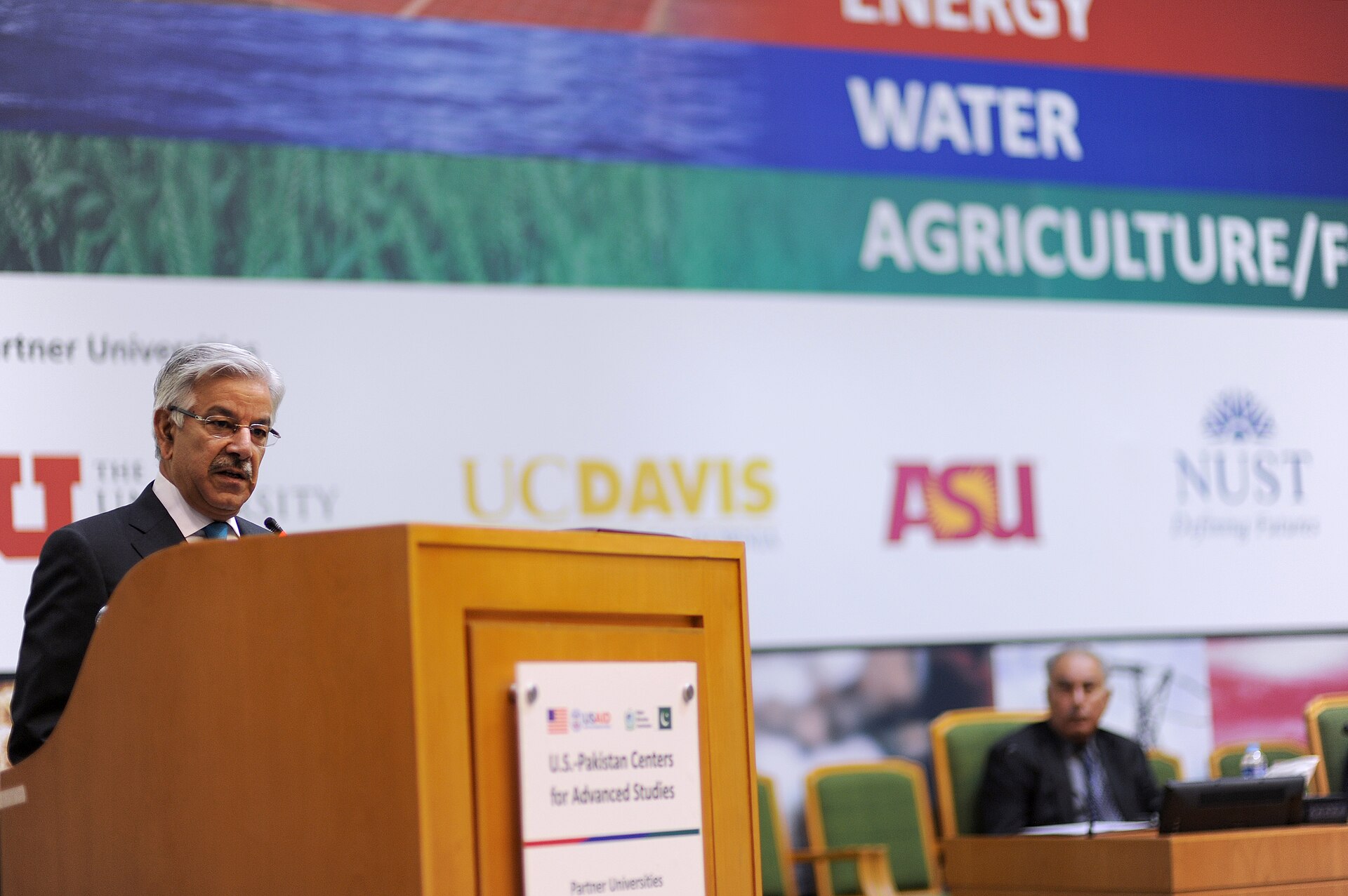 Pakistani Defence Minister Khawaja Muhammad Asif speaking at a formal policy forum