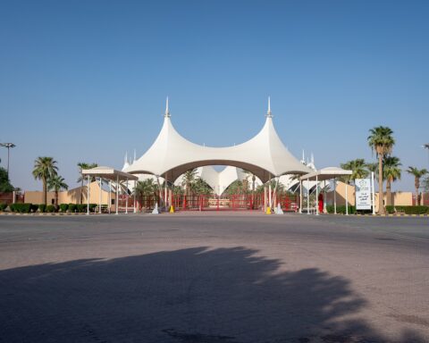 Main entrance of King Fahd International Stadium in Riyadh, one of four refurbished venues retained in Saudi Arabia's revised 2034 World Cup plan