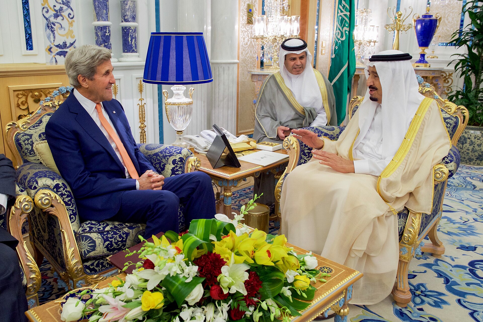 King Salman of Saudi Arabia meets with U.S. Secretary of State John Kerry at the Saudi Royal Court in Jeddah — the formal palace setting where the Custodian of the Two Holy Mosques receives foreign dignitaries