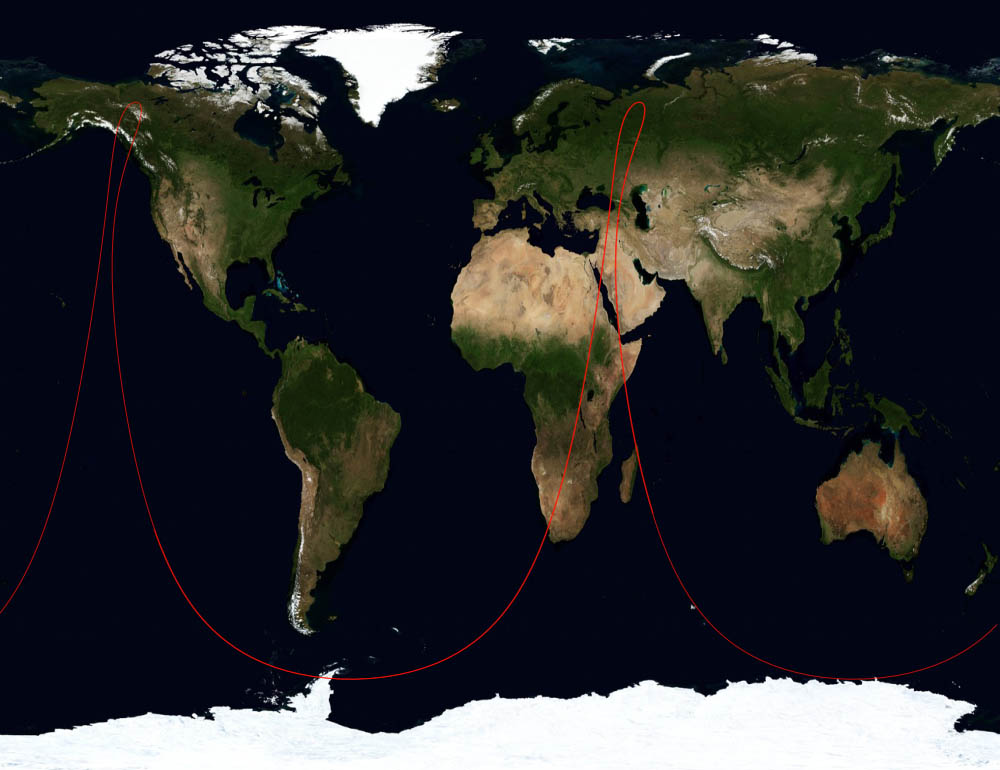 Ground track of Russia's Kosmos 2446 military reconnaissance satellite plotted over a world map, showing its orbital path passing over the Middle East and Arabian Peninsula. AURORAH tracked 72 similar Russian satellites against 40 Houthi strikes on Saudi Arabia. Photo: Secretlondon / CC BY-SA 3.0