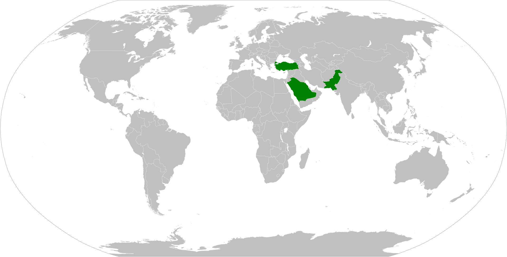 World map showing the three signatories of the Mecca Joint Defence Agreement — Saudi Arabia, Turkey, and Pakistan — highlighted in green. The pact was signed on August 7, 2026.