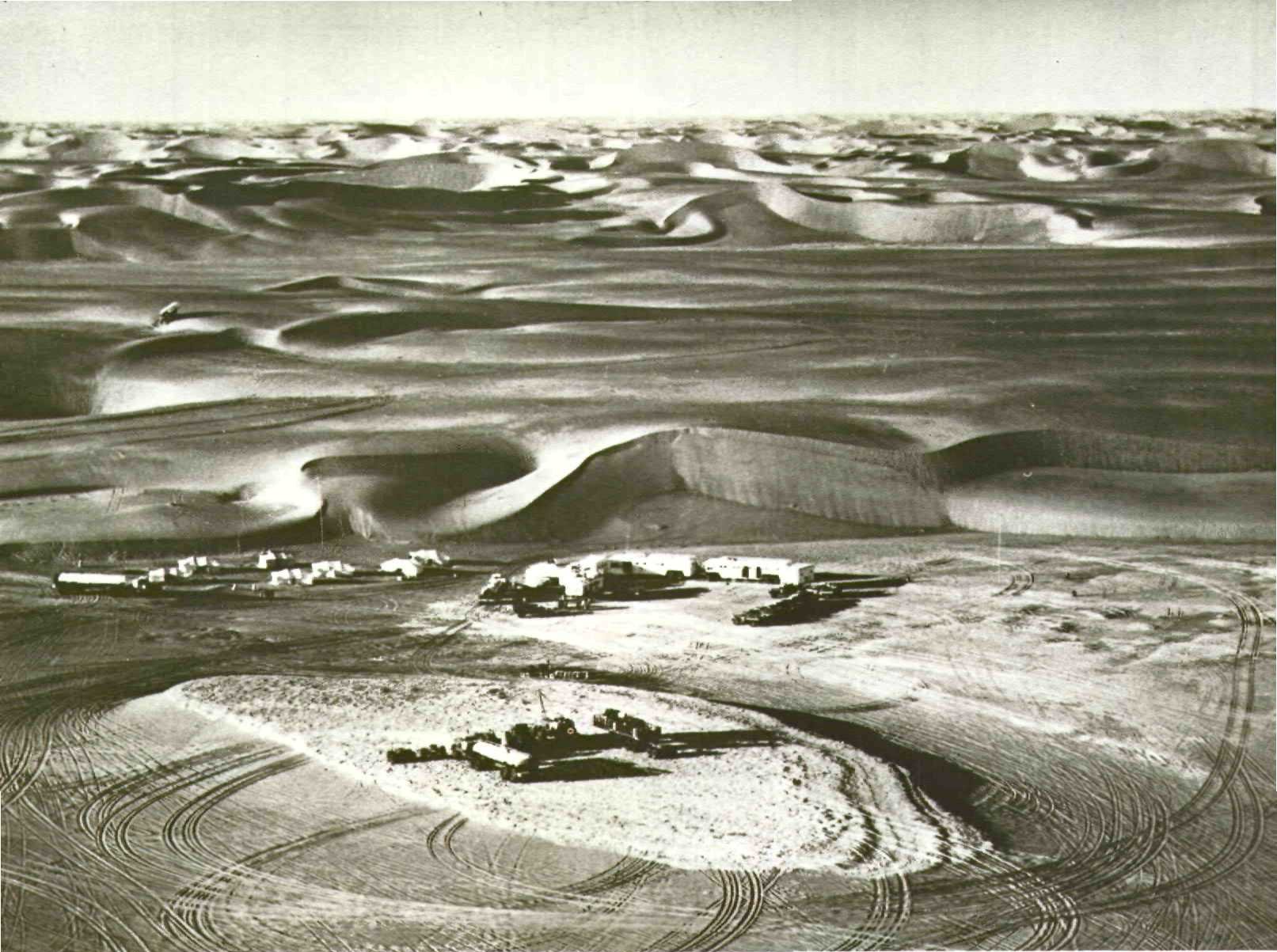 Aerial view of Saudi Aramco oil exploration camp in the Empty Quarter Rub al-Khali desert, 1970