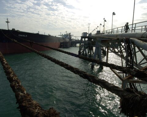Oil tanker Omala moored at the Al Basrah Oil Terminal in the Persian Gulf, loading crude oil