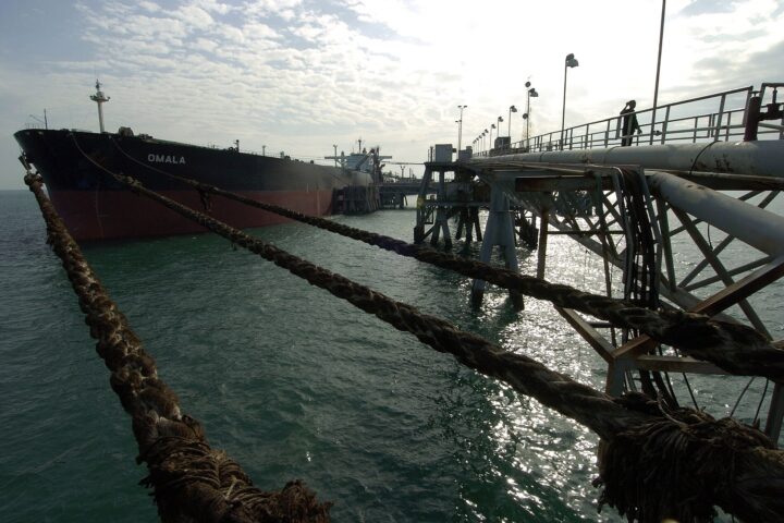 Oil tanker Omala moored at the Al Basrah Oil Terminal in the Persian Gulf, loading crude oil