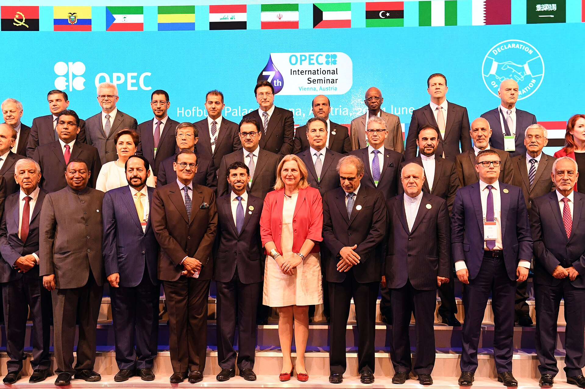 OPEC oil ministers group photo at 7th International Seminar Vienna Austria 2018 with member country flags