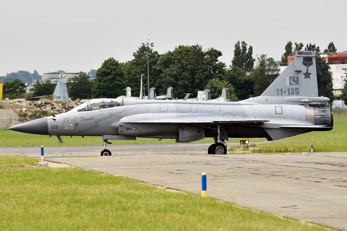 Pakistan Air Force JF-17 Thunder (serial 11-135) on taxiway — 16 of these jets were pre-positioned in Saudi Arabia by April 2026 under the bilateral SMDA