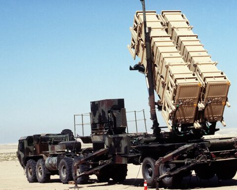 MIM-104 Patriot surface-to-air missile launcher deployed in the Kuwaiti desert during Operation Desert Shield