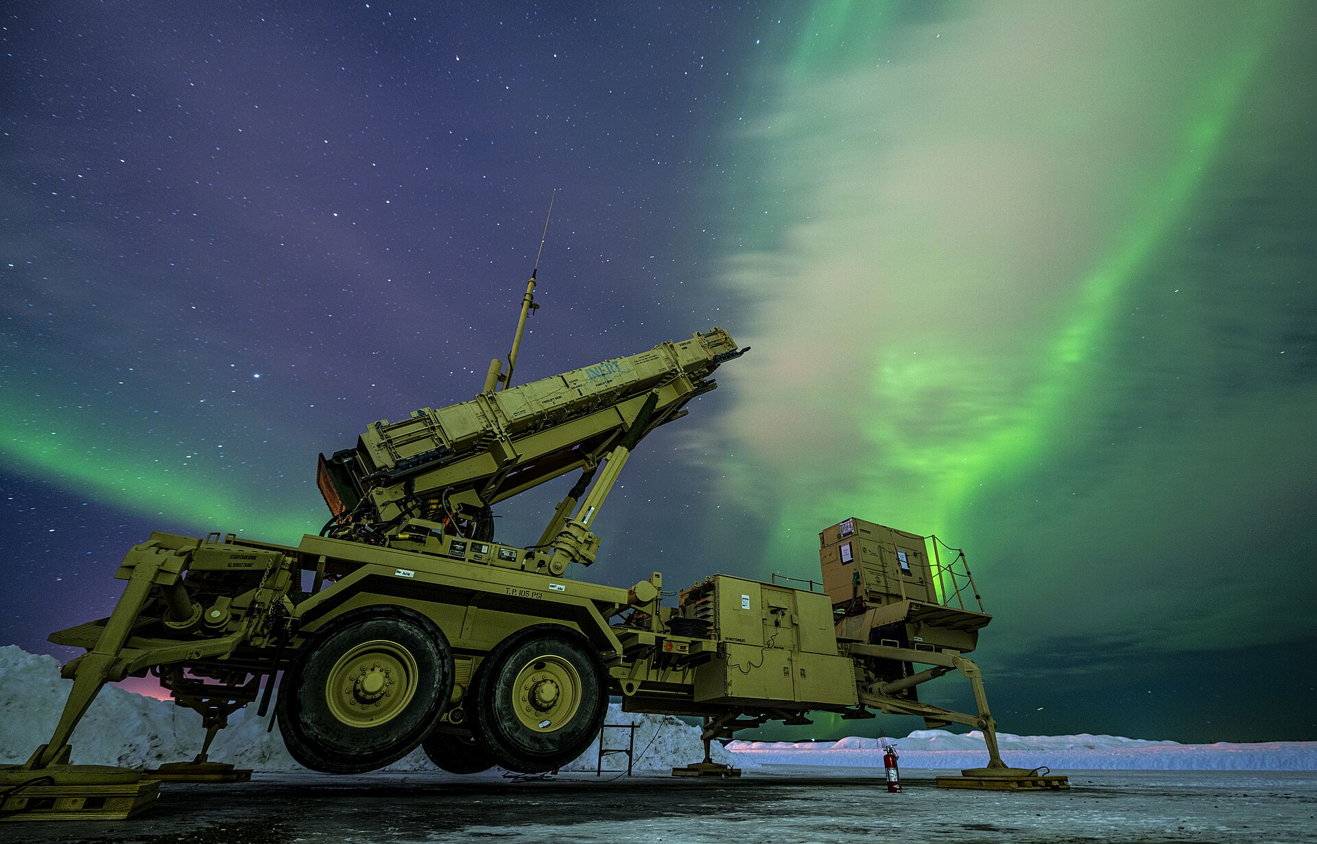 A Patriot M903 launcher station raised in firing position during Exercise Arctic Edge 2022 at Eielson Air Force Base