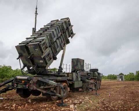 US Army PAC-3 Patriot missile launcher in fully deployed firing position, 5th Battalion 7th Air Defense Artillery, DEFENDER-Europe 21 exercise, Croatia 2021