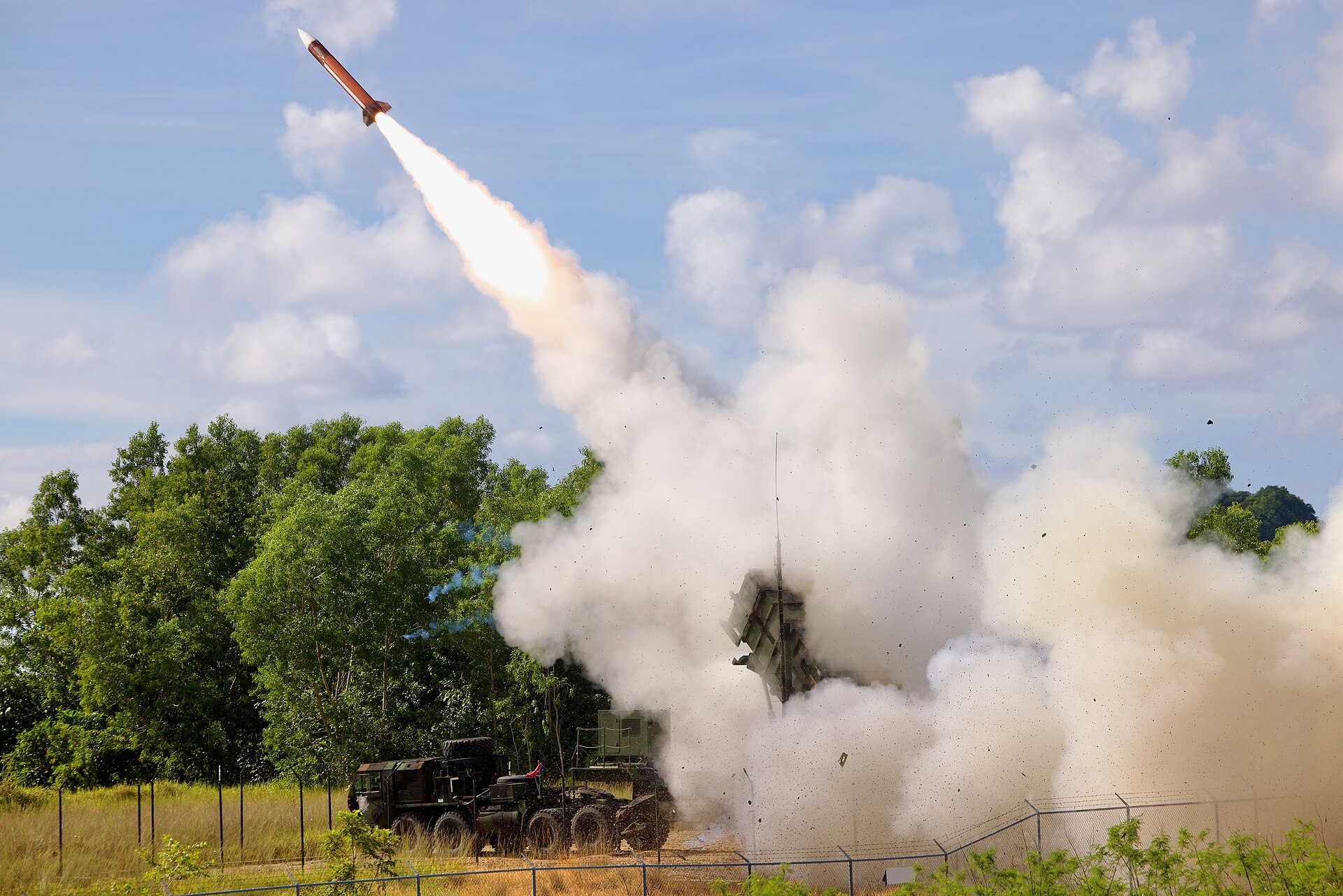 Patriot PAC-2 interceptor missile launches from M903 launcher during live fire exercise