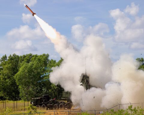 A Patriot interceptor missile launches during the Tenacious Archer 25 live-fire exercise — the same air-defence system Saudi Arabia has deployed to guard airports, palaces and energy infrastructure as Houthi strikes expose its stock limits