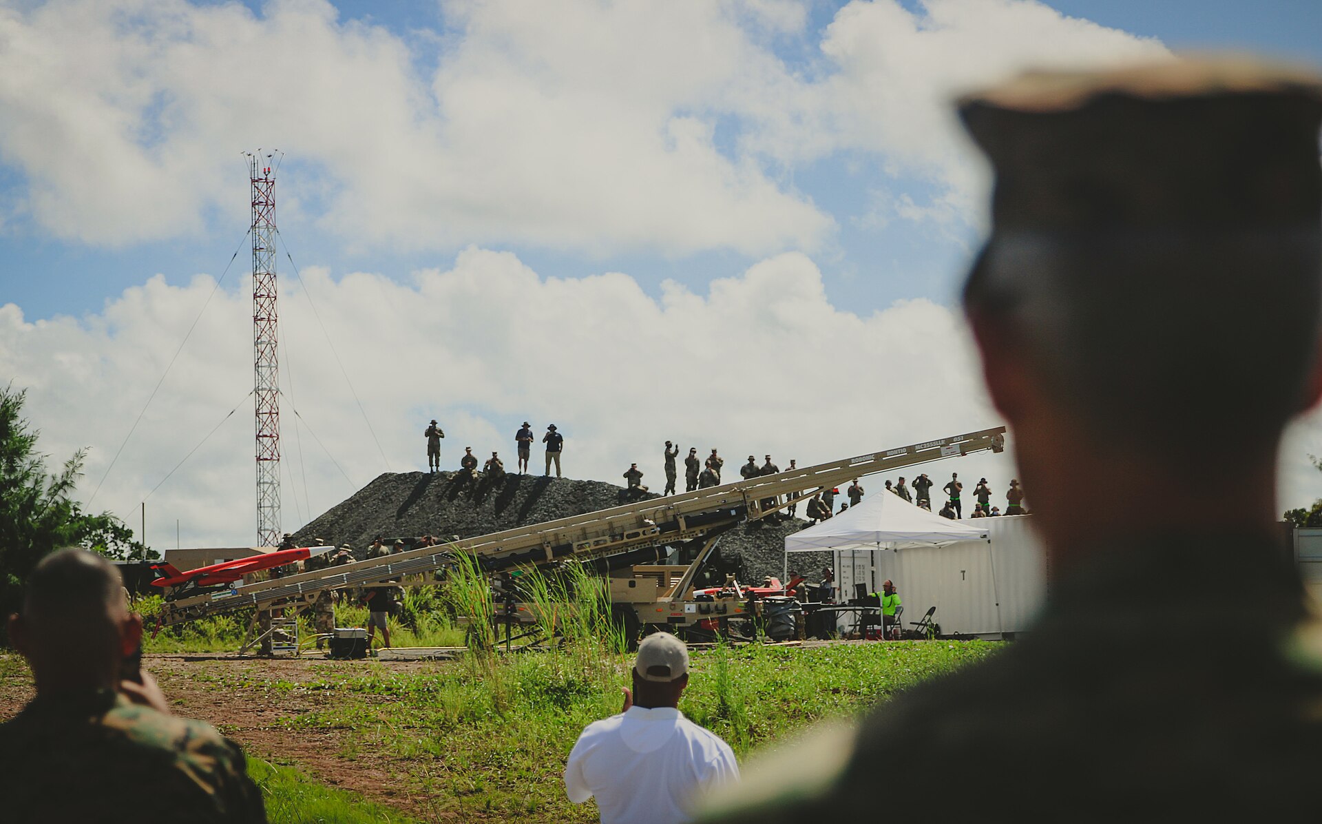 US Army MIM-104 Patriot missile battery at launch position during Valiant Shield 22 exercise, showing the launcher elevated and crew at stations