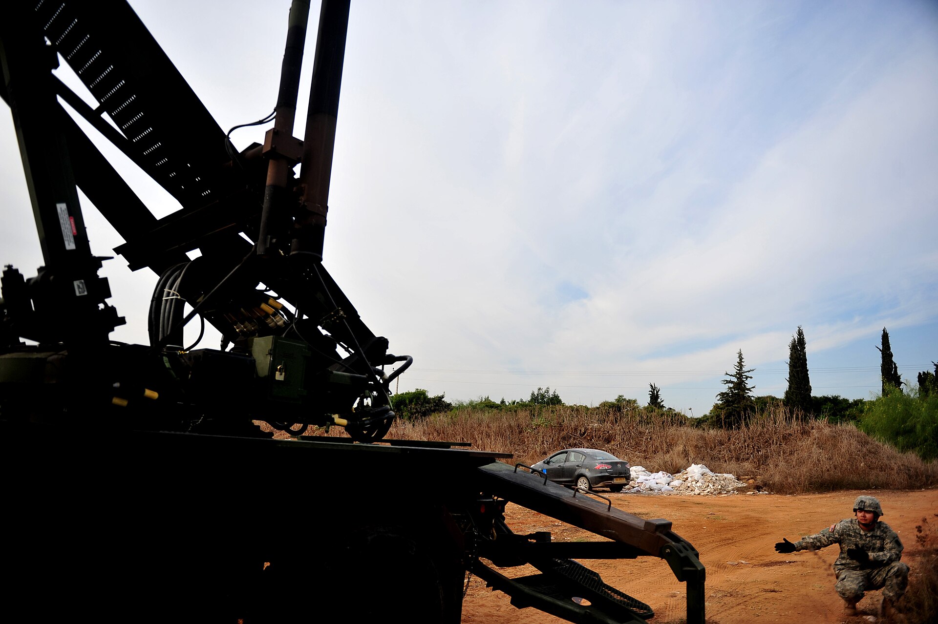 US Army Patriot missile launcher in elevated position during an air defense validation exercise