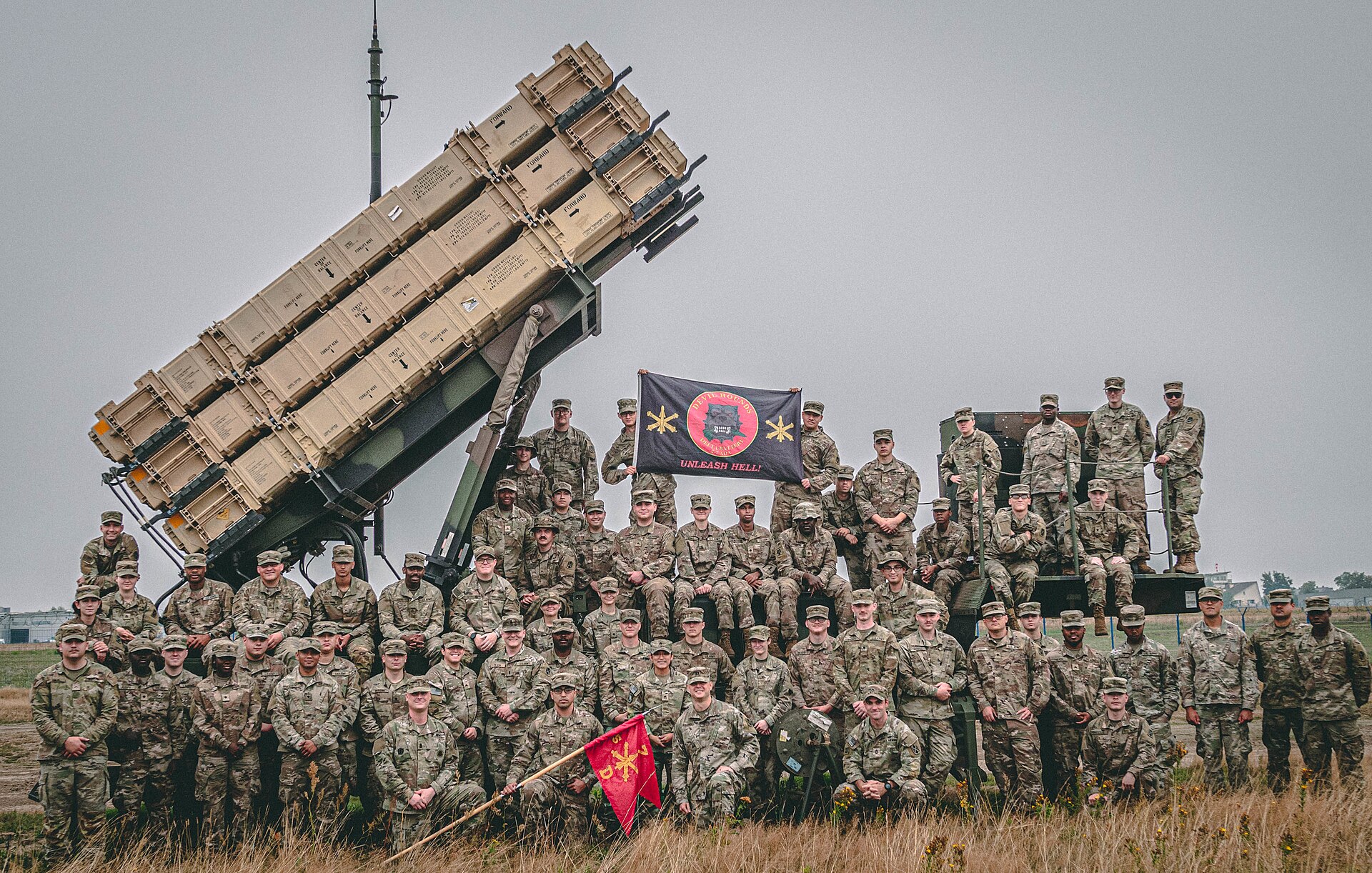 US Army air defenders of Delta Battery, 5th Battalion, 7th Air Defense Artillery pose with a Patriot missile launching station in Poland, August 2019. Saudi Arabia deploys Patriot systems as its primary defence against Houthi ballistic missiles and cruise missiles.