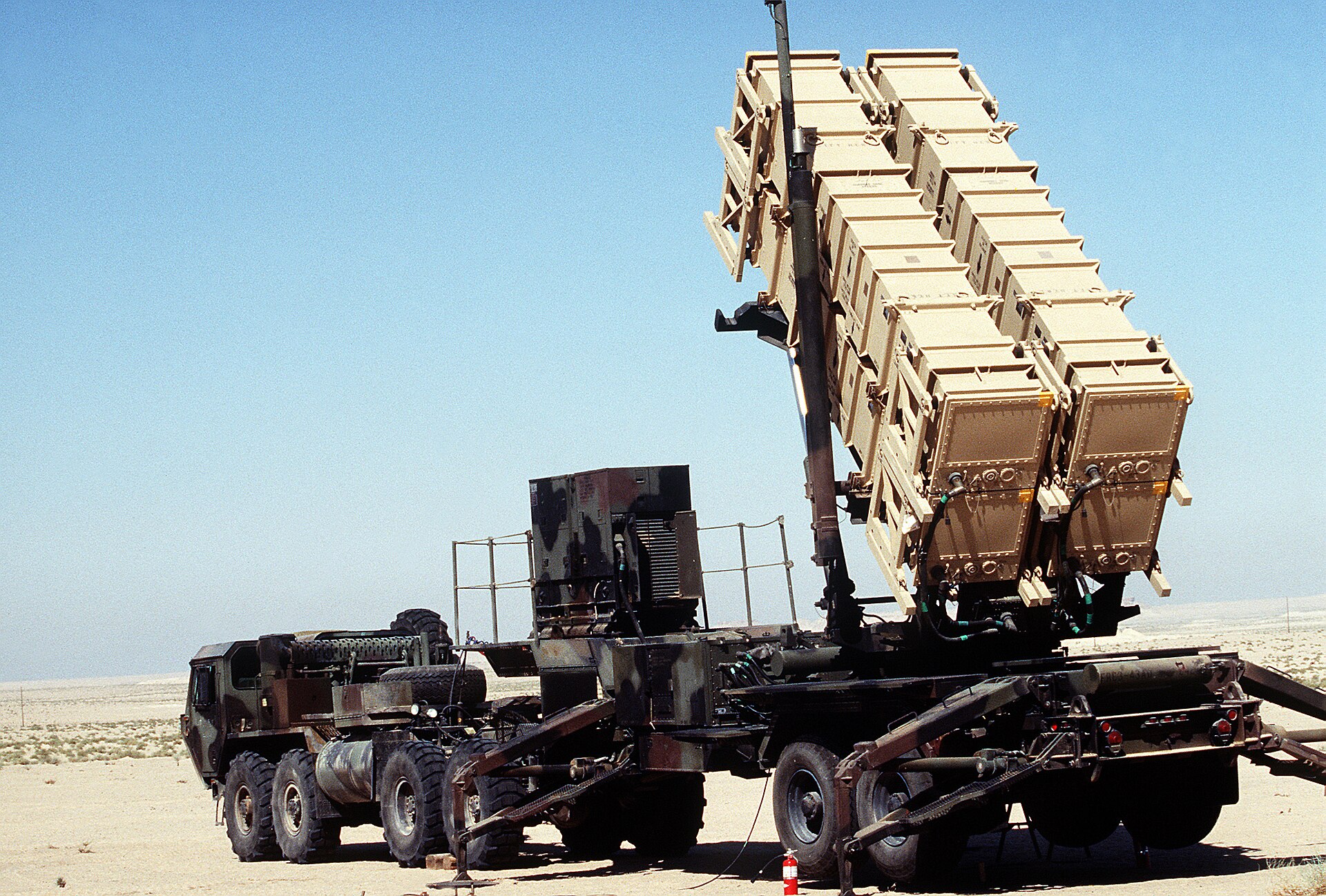 MIM-104 Patriot missile launcher deployed in desert during Operation Desert Shield, Kuwait