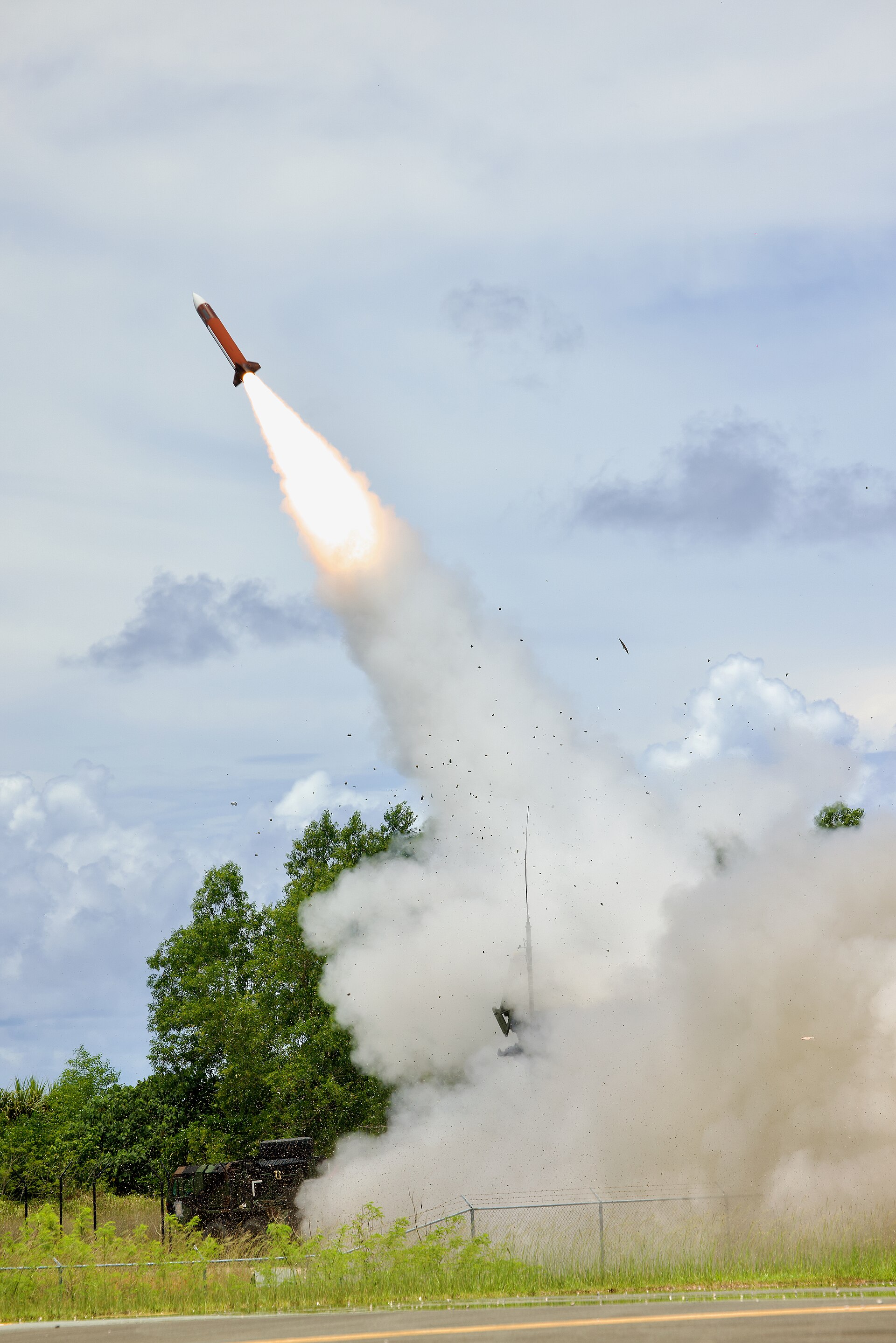 A Patriot Advanced Capability 2 interceptor missile fires from an M903 Patriot Launching Station during Exercise Tenacious Archer 25 in Palau, August 2025