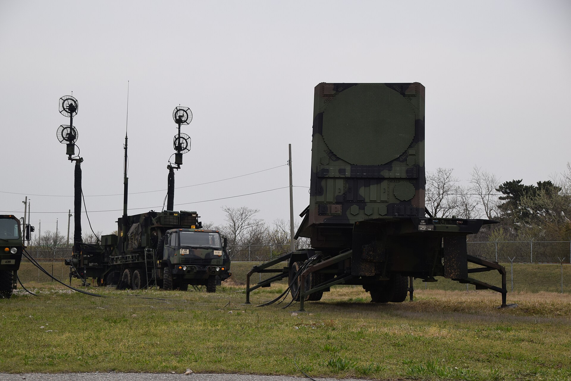 AN/MPQ-65 Patriot phased array radar deployed at Kunsan Air Base during a joint exercise, scanning for aerial threats