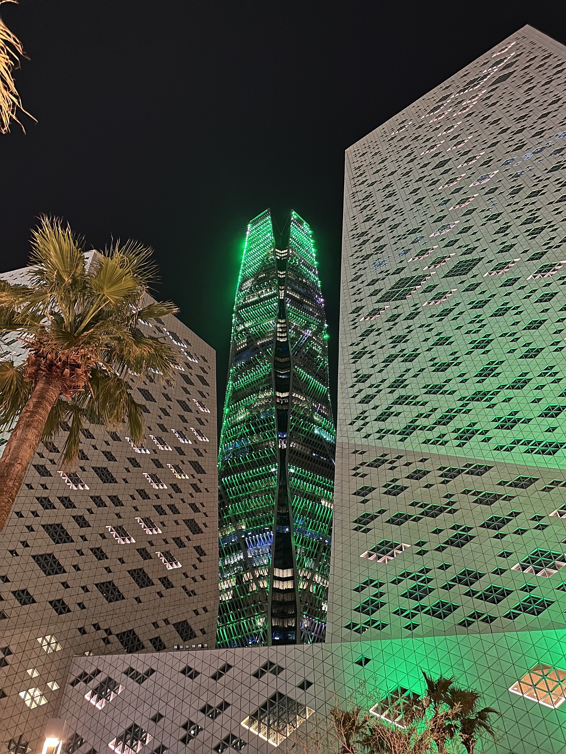 The Public Investment Fund Tower illuminated at night in the King Abdullah Financial District, Riyadh