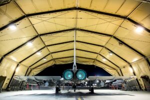 RAF Typhoon FGR4 armed and ready in a hardened aircraft shelter at RAF Akrotiri, Cyprus, at night — the base from which Britain’s Gulf air defence missions operate