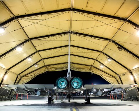 RAF Typhoon FGR4 armed and ready in a hardened aircraft shelter at RAF Akrotiri, Cyprus, at night — the base from which Britain’s Gulf air defence missions operate