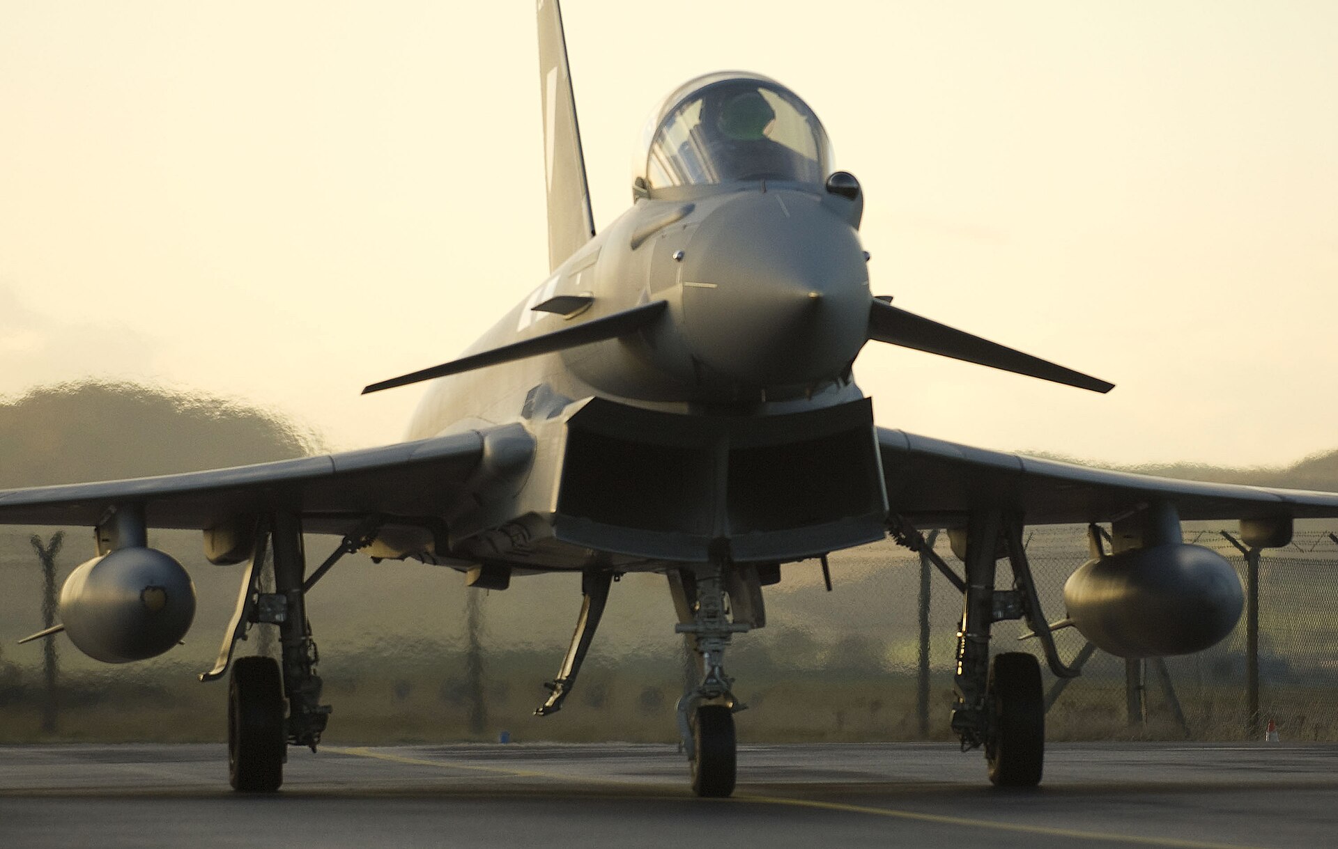 RAF Typhoon FGR4 jet fighter taxiing on runway at RAF Leuchars in Scotland