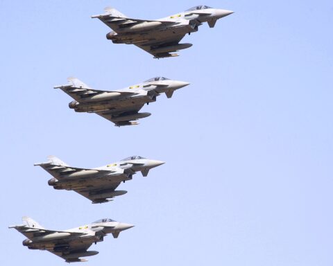 Four RAF Typhoon FGR4 multirole jets from 121 Expeditionary Air Wing fly in formation over RAF Akrotiri, Cyprus