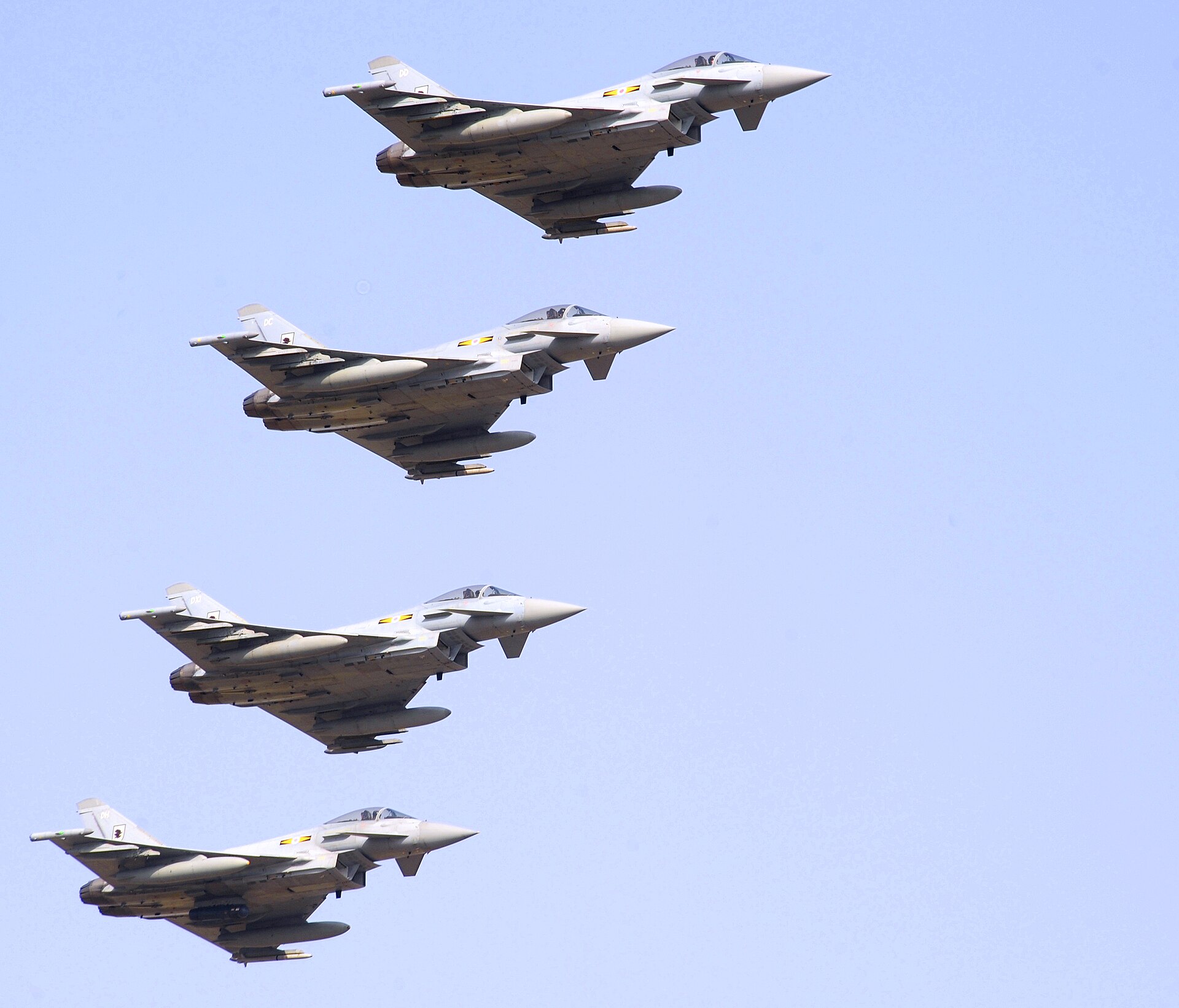 Four RAF Typhoon FGR4 multirole jets from 121 Expeditionary Air Wing fly in formation over RAF Akrotiri, Cyprus