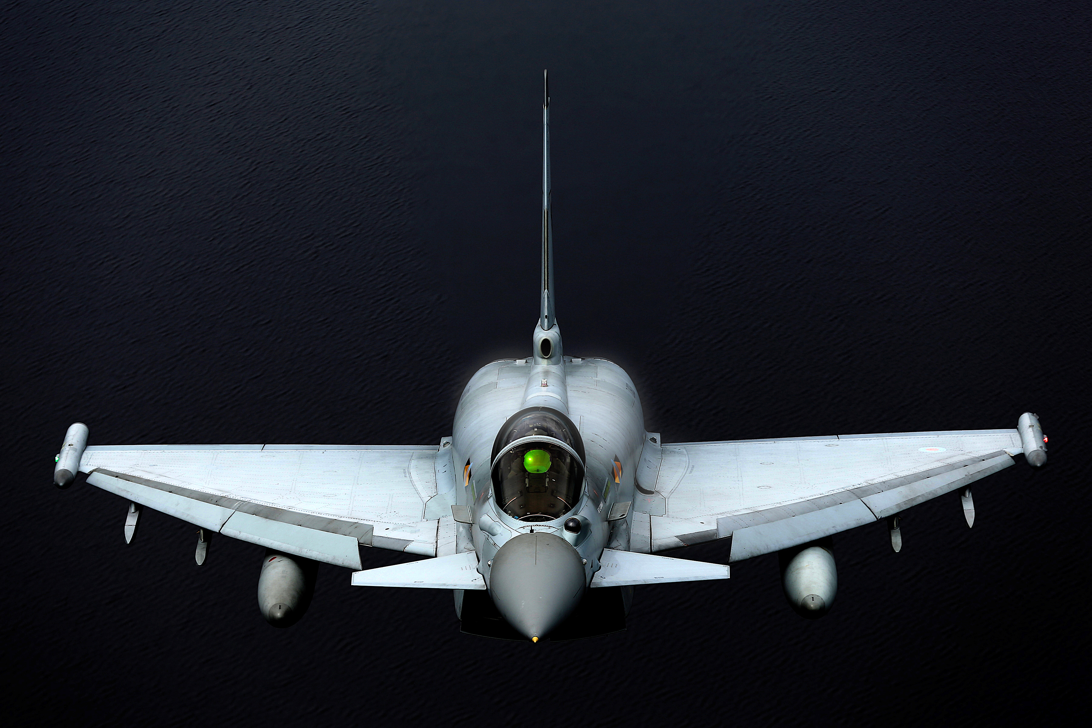 A Royal Air Force Eurofighter Typhoon FGR4 in flight, armed with air-to-air missiles